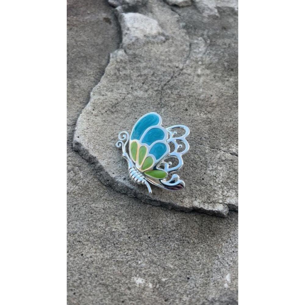 Vintage Silver Toned Green And Blue Enamel Butterfly Brooch